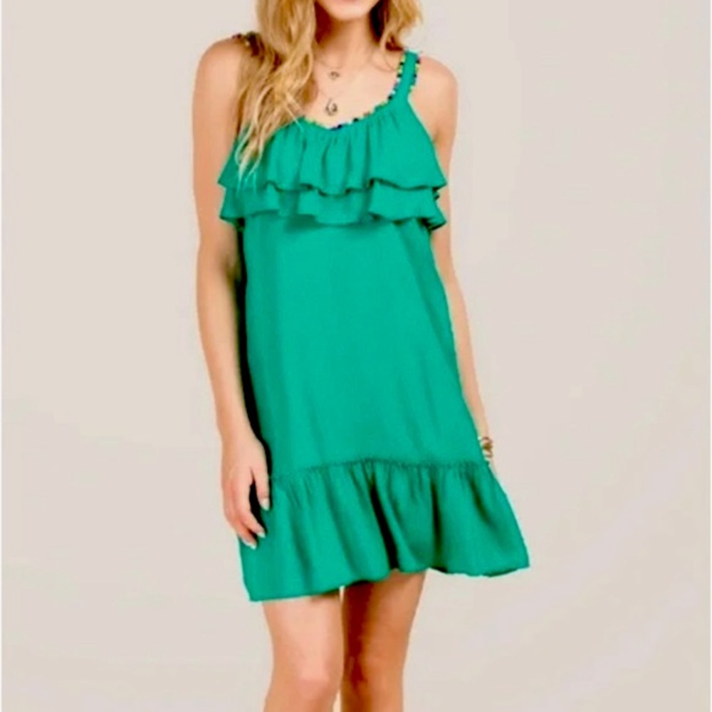 Francesca’s | Blue Rain Green Ruffle Pom Pom Mini Dress Size Large